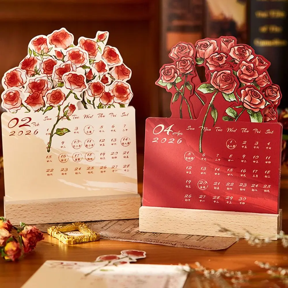 Portable 2026 Desk Calendar Rose Painting With Wooden Base Mini Calendar Card Insert Daily Planner Gifts