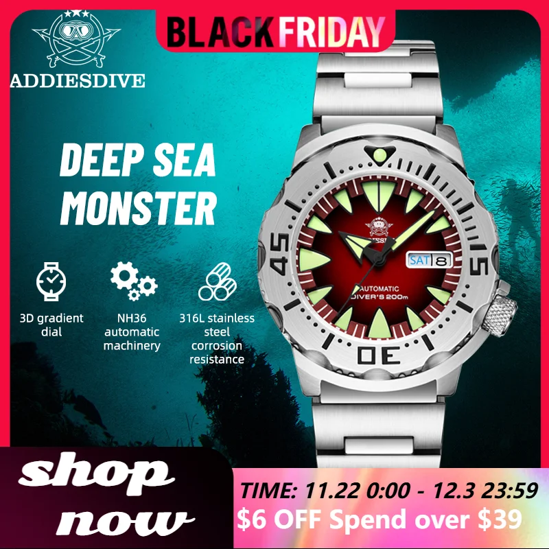 ADDIESDIVE Watches Men Fashion Cool Monster Sapphire Glass 200M Waterproof Week Display Luminous Automatic Mechanical Watch