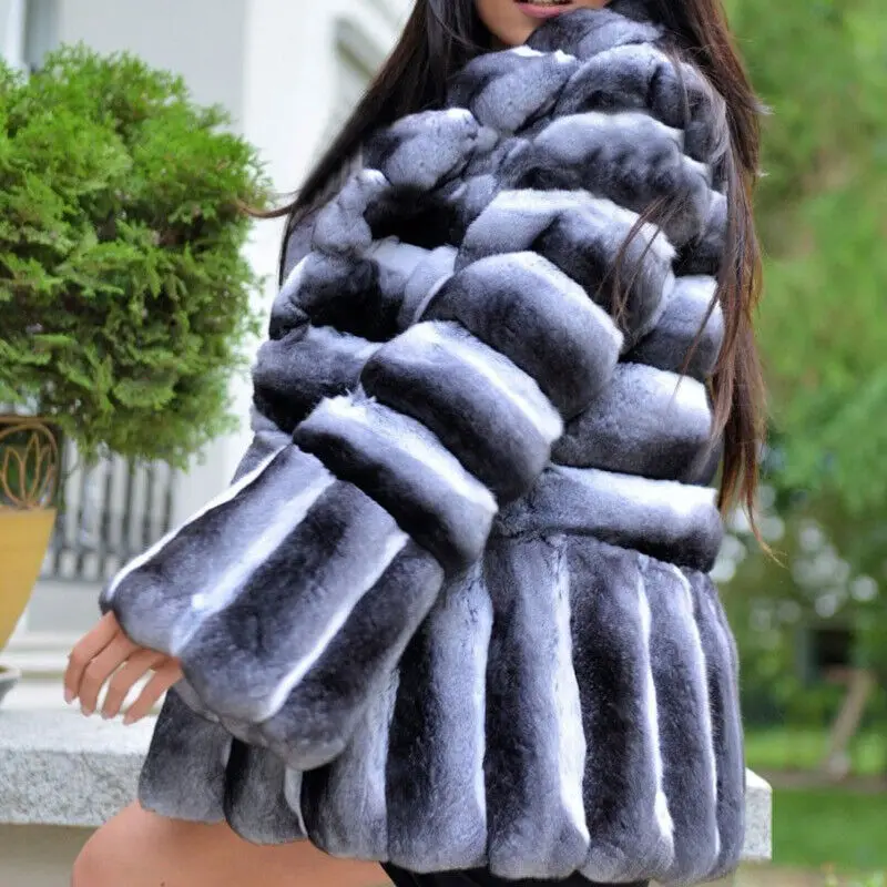 Winter Warm Genuine Rex Rabbit Fur Coat Woman Fashion Chinchilla Thick Jackets Genuine Natural Fur Thick Overcoat