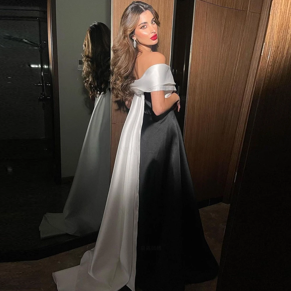 Black Satin Formal Occasion Dresses 2023 Off-Shoulder A-line Long Ball Gowns High Quality Evening Party Gowns فساتين الحفلات