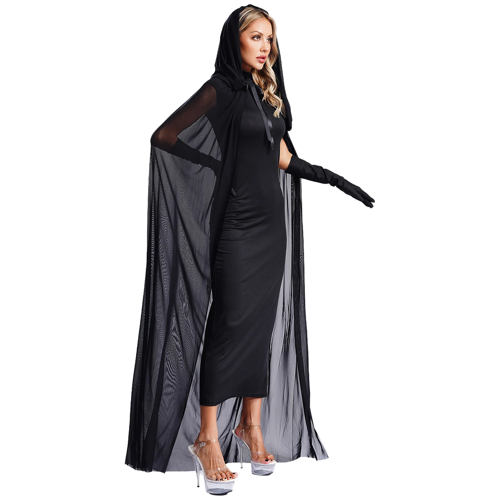 

All Black Women Witch Wizard Cosplay Costume Sleeveless Wrap Dress with Tulle Hooded Maxi Cape Cloak And Opera Gloves Set