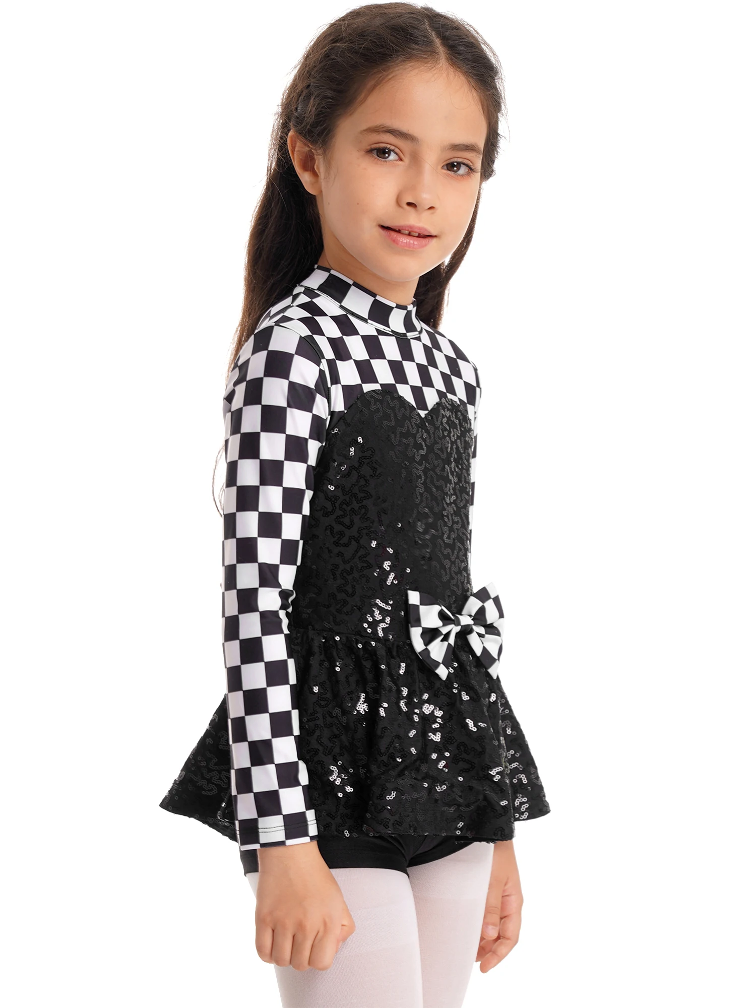 4-14Y Girls Halloween Carnival Racer Driver Cosplay Costume Long Sleeve Sequin Checkerboard Print Bodysuit Car Racing Dress