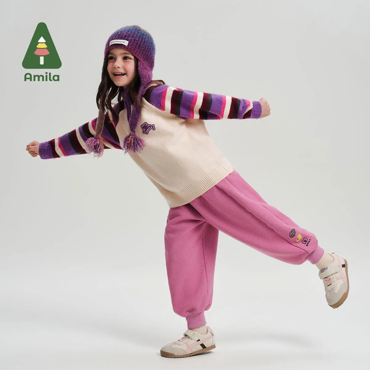 Amila Baby Pants 2024 Winter New High Quality Girls Waffle Cartoon Soft Warm Plus Velvet Casual Loose Children’s Trousers