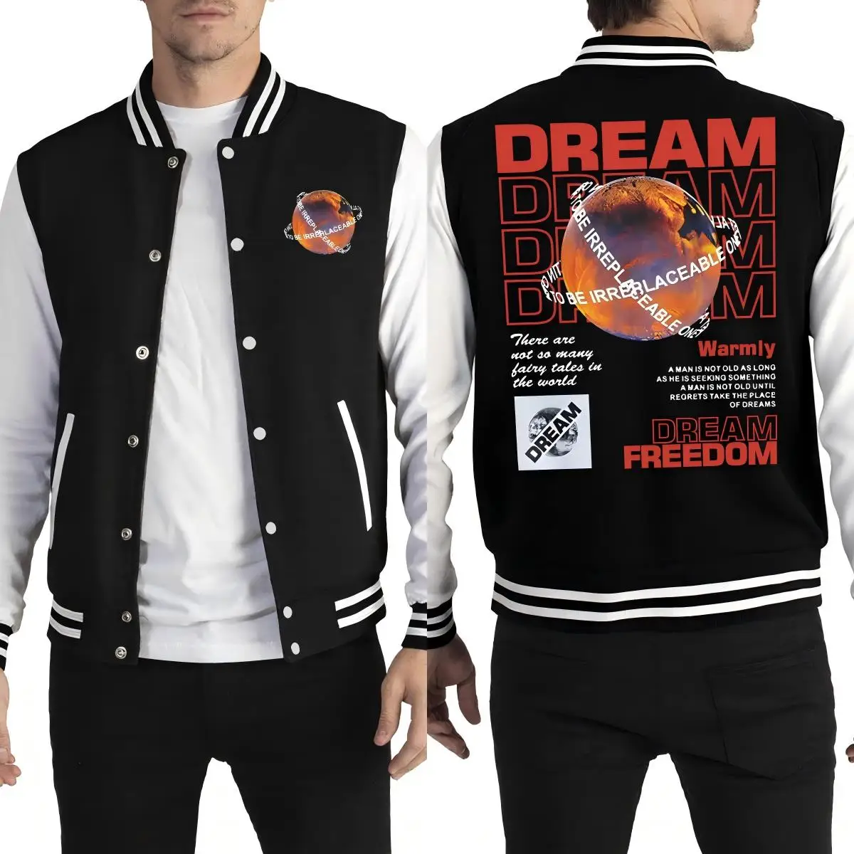 

Dream Freedom Earth Art Letter Prints Бейсбольная форма Мужская негабаритная уличная одежда в стиле комиксов Спортивная теплая куртка Повседневная флисовая одежда