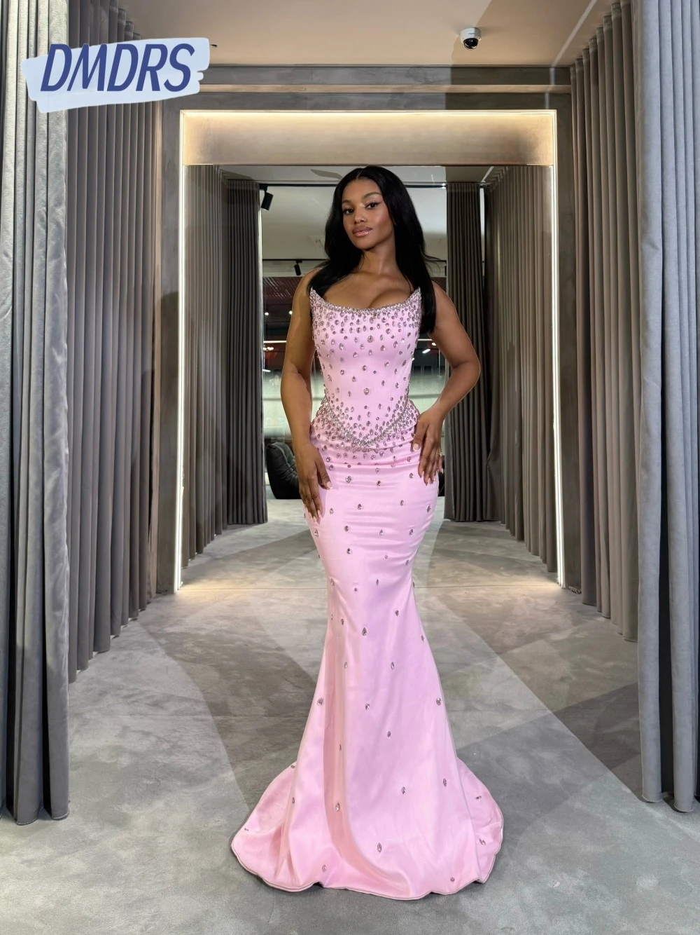 

Pink Scoop Neckline Delicate Evening Dress Satin Mermaid Crystals Prom Gown Customized For Special Occasions Women Elegant Wear