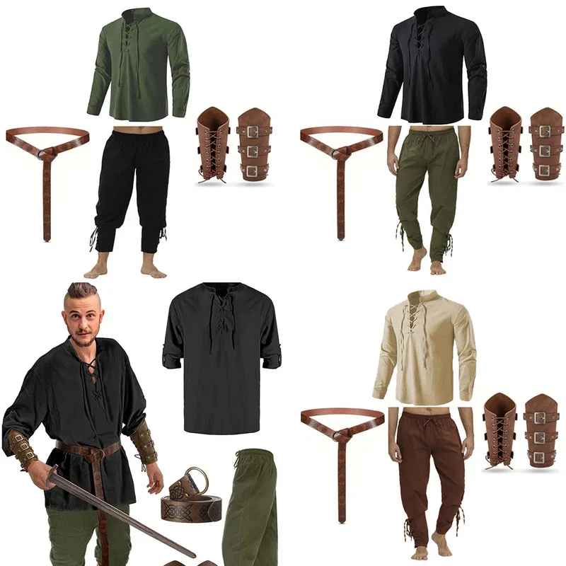 

Retro Vintage Medieval Renaissance Pants Outfits Waist Belt Shirt Arm Guards Pirate Men's Cosplay Costume Halloween