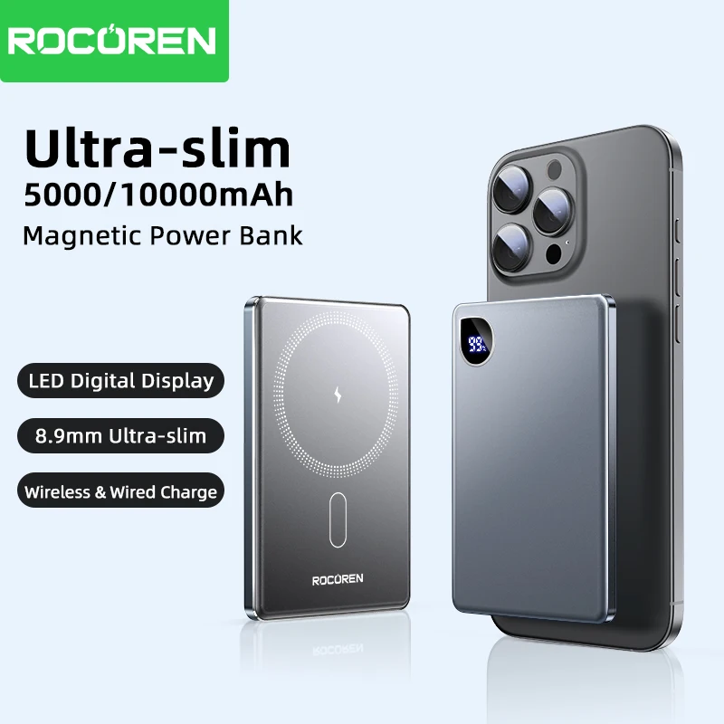 Rocoren 10000 мАч Магнитный PowerBank Быстрая зарядка 5000 мАч Power Bank Портативное беспроводное зарядное устройство Аккумулятор для iPhone 16 15 Pro Max