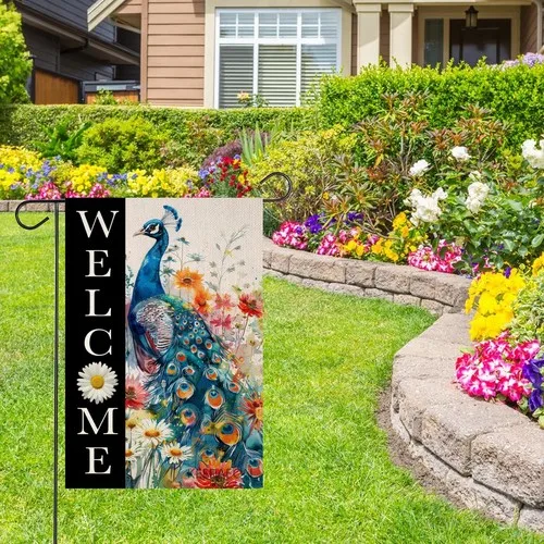 Peacock With White Daisy Welcome Garden Flag 12x18 In Seasonal Outdoor Linen ... OOV IIC
