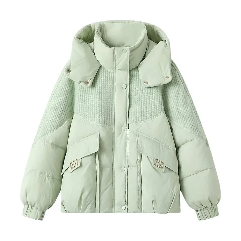 Casaco grosso solto de algodão feminino, jaqueta quente com capuz, curto, high-end, moda, inverno, 2024