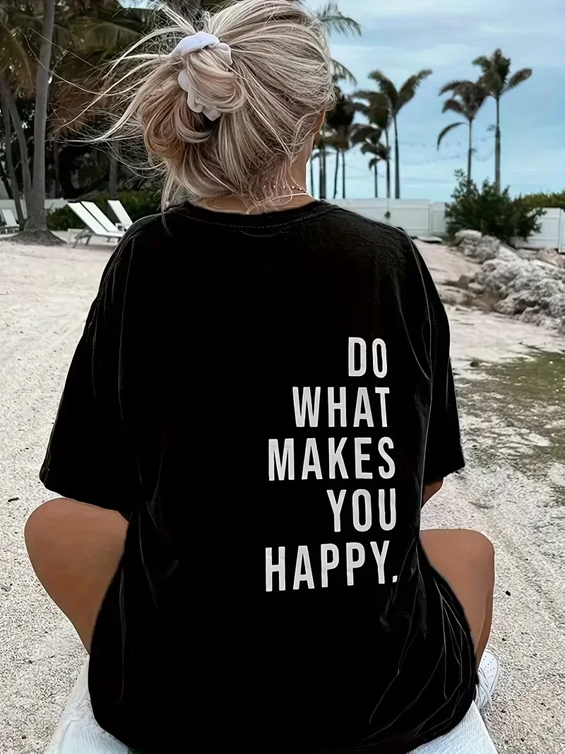 Women's Casual Short Sleeve Crew Neck T-Shirt with DO WHAT MAKES YOU HAPPY Slogan Print Spring Summer Top Cute Ladies  Shirts