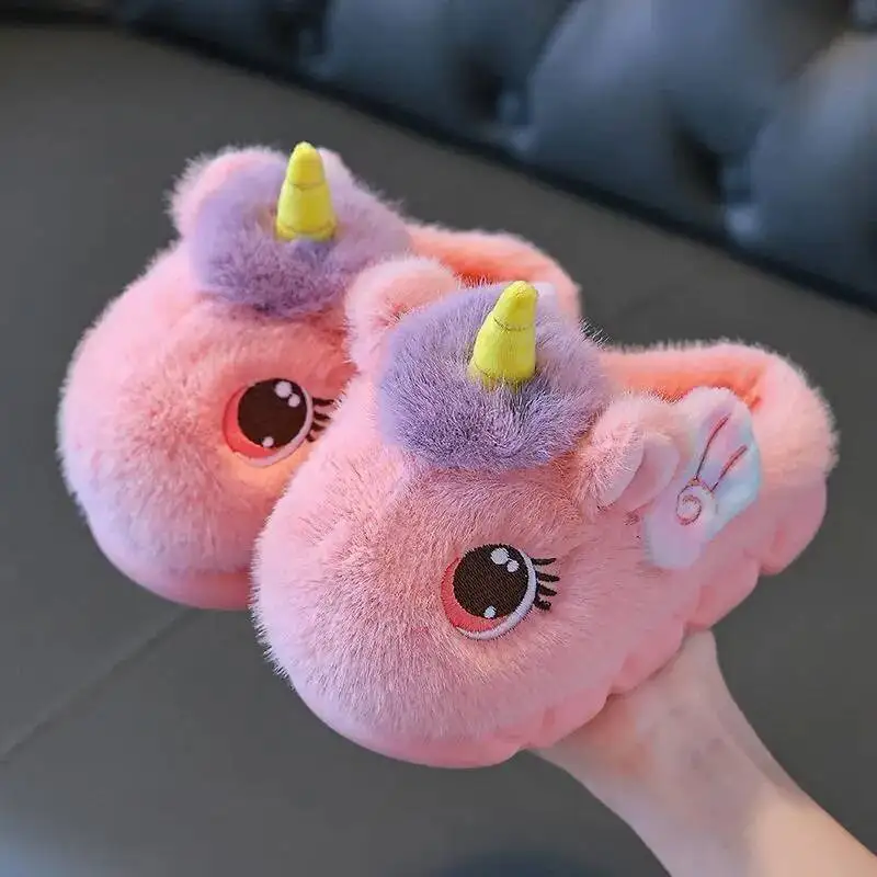 Winter Unicorn Wings Girls Slippers Plush Warm Soft Bottom Children Cotton Shoes Furry Floor Toddler Kids Indoor Slippers