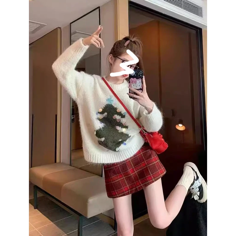 

Новогодний женский свитер с блестками в виде дерева, мягкий уютный вязаный топ, ленивый сарафан, осенне-зимний ансамбль из полиэфирного волокна