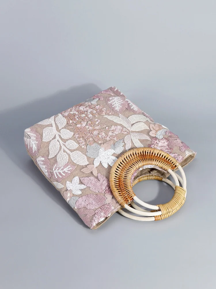 2025 Summer Glitter Embroidery Woven Tote Bags New Round Bamboo Handle Women's Handbags Floral Pattern Fashion Casual Beach Bags