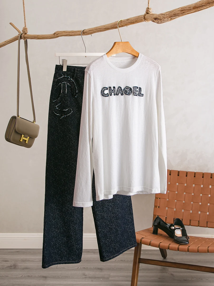 

YongLeap Spring New Loose Long Sve T-irt round Ne Letter Patchwork Versatile Top Simple Sle Cotton Polyester Blend