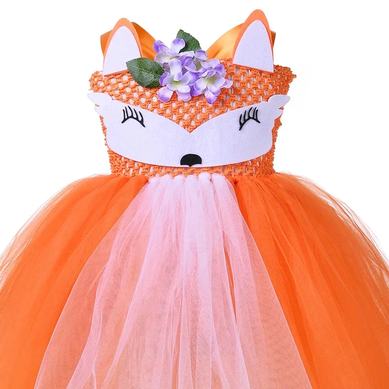 Костюмы оранжевой лисы с цветами для девочек, нарядное платье на подкладке с животными джунглей для детей, одежда на Хэллоуин и Рождество, карнавальный наряд для вечеринки