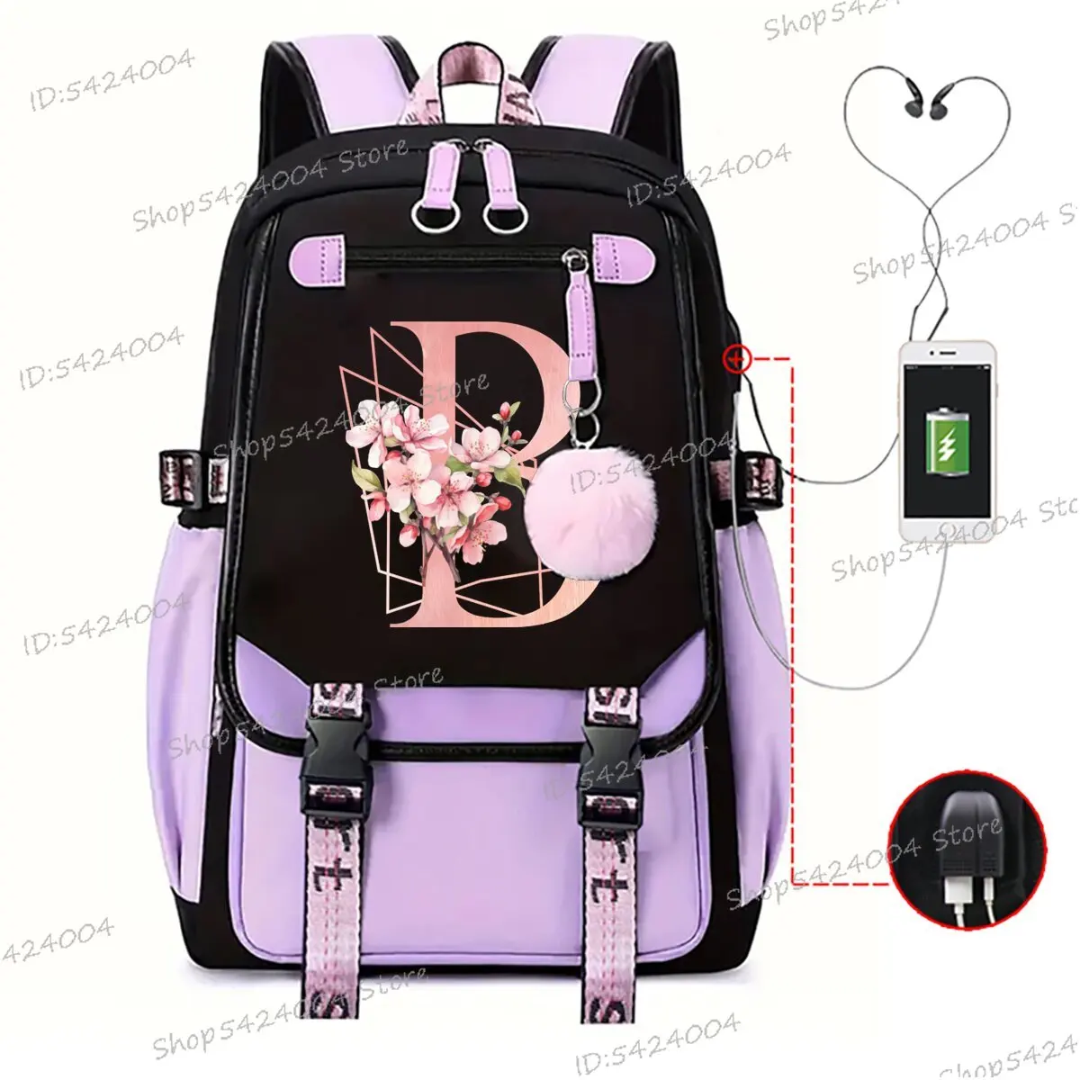 A-Z 26 Alphabet Backpack Design Pink Sakura Lover High Quality Schoolbag Girl 26 Initials Cherry Blossom Creativity Knapsack Bag