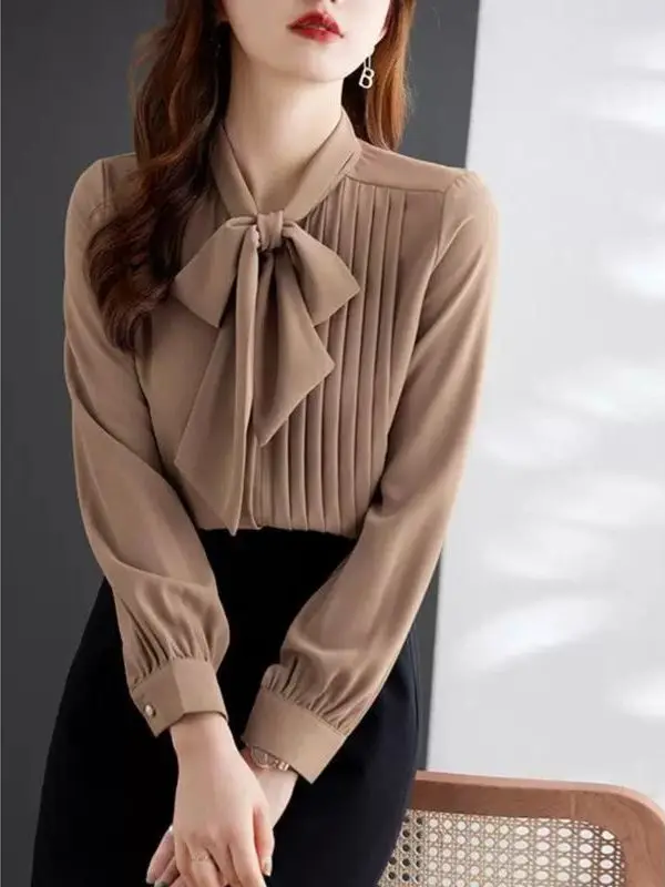 Inizio autunno 2025 Design Sensation Small ence Cravatta lunga da donna in chiffon Sve irt Ne Ele Camicetta da donna versatile