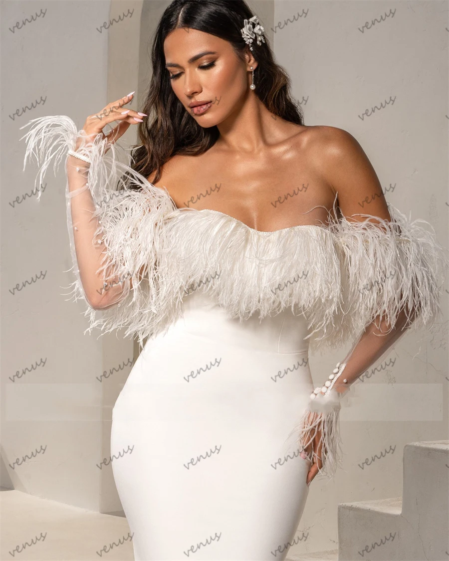 Vestidos De Novia modernos con cuello Barco, túnicas De plumas decorativas para fiesta Formal, vaina De sirena, Vestidos De Novia elegantes