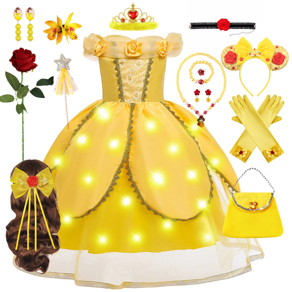 Disney Princess Belle Cosplay Dress para crianças, Halloween, fora do ombro, luz amarela LED, vestidos de baile, rosa floral, traje de aniversário para menina