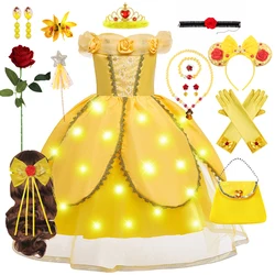 Belle Cosplay Princess Dress Kids Halloween Carnival Off Shoulder LED Yellow Light Ball Gown Floral Rose Birthday Girls Costume
