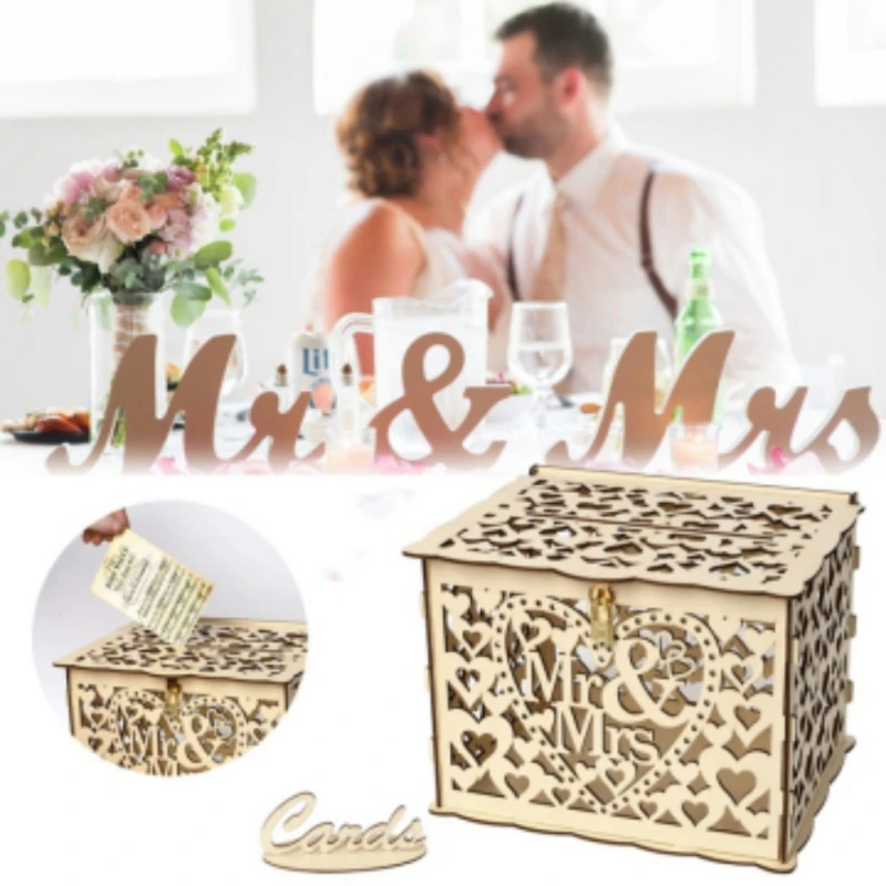 Wedding Card Box with Sign Wooden Wedding Receptions Wishing Envelopes Box Hollow Design Rustic for Anniversary Shower Birthday