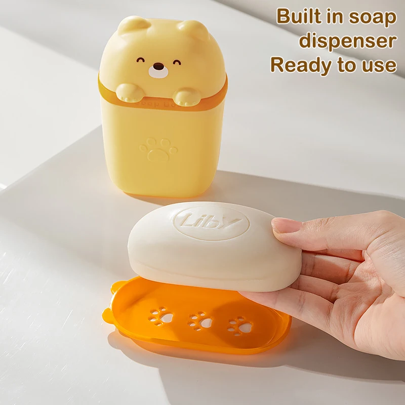 Cute Bear Plastic Soap Dish Bathroom Drainable Soap Holder With Lid Container Outdoor Travel Portable Soap Box