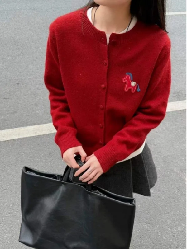 Vermelho ano novo longo sve malha aberta cardigan bordado thiened inverno outerwear feminino preguiçoso high-end sentimento topo