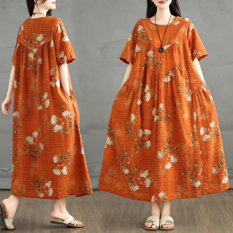 

Summer New plus Size Retro Cotton Linen round Neck Pocket Short Sleeve Dress Women Loose Slim A-Line Skirt Comfortable Fit Dress