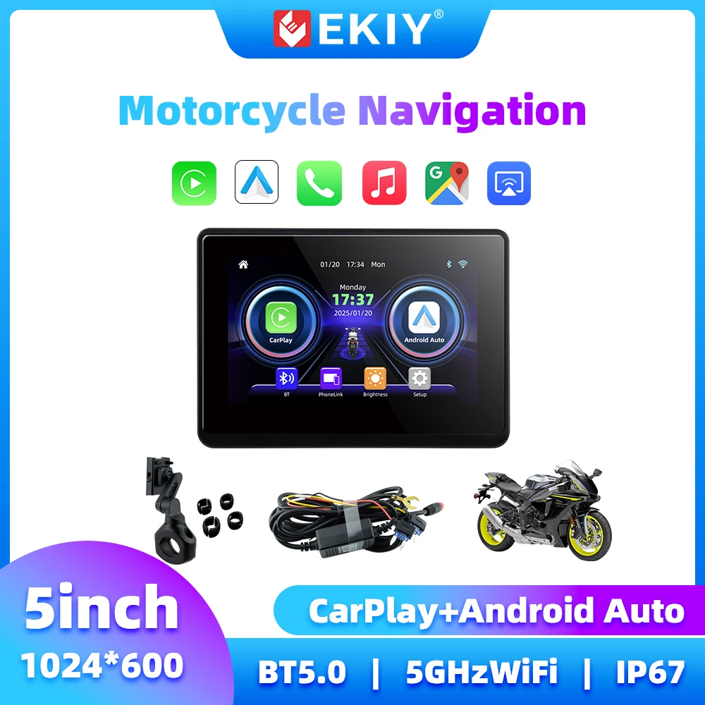 

EKIY 5 Inch Motorcycle Carplay Motorcycle Navigation GPS Wireless Carplay Android Auto Display Monitor Motorcycle GPS Screen