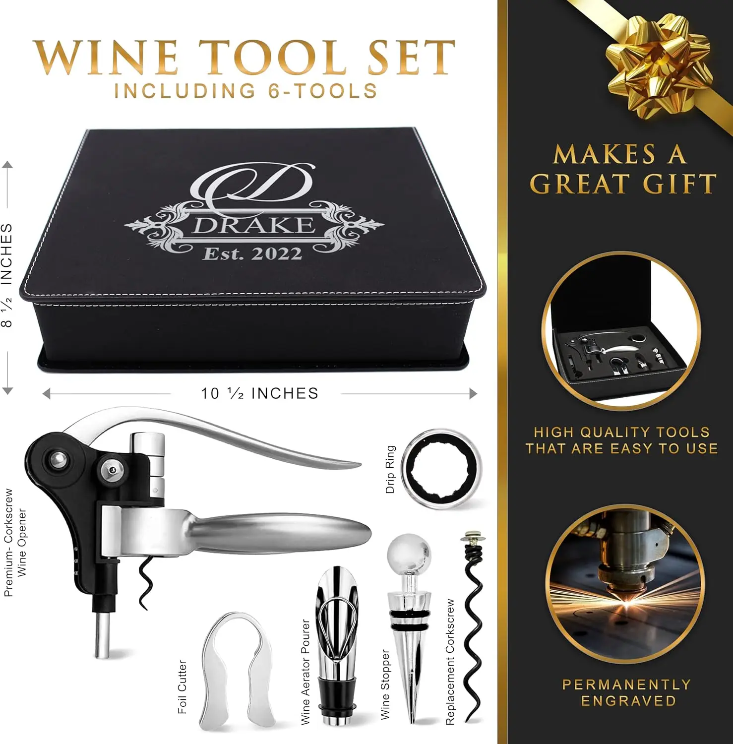 Custom Engraved 5 Piece Wine Tool Opener Accessories Box Set - Customized Wine Lovers For Anniversary, Weddings, And More (Bla