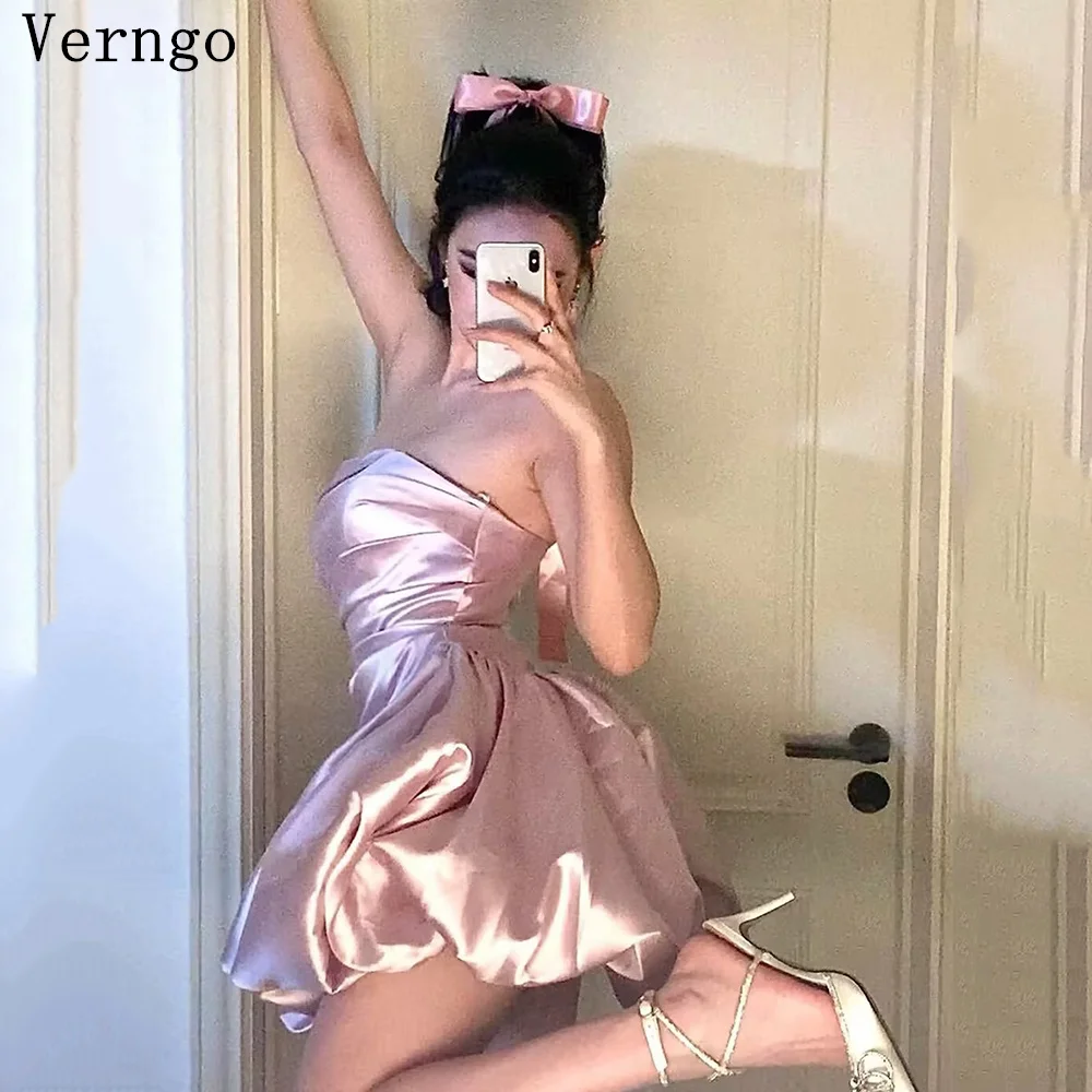 

Verngo Pink Satin Mini Party Dress Strapless A Line Pleated Cocktail Dresses Elegant Prom Party Gowns Customized