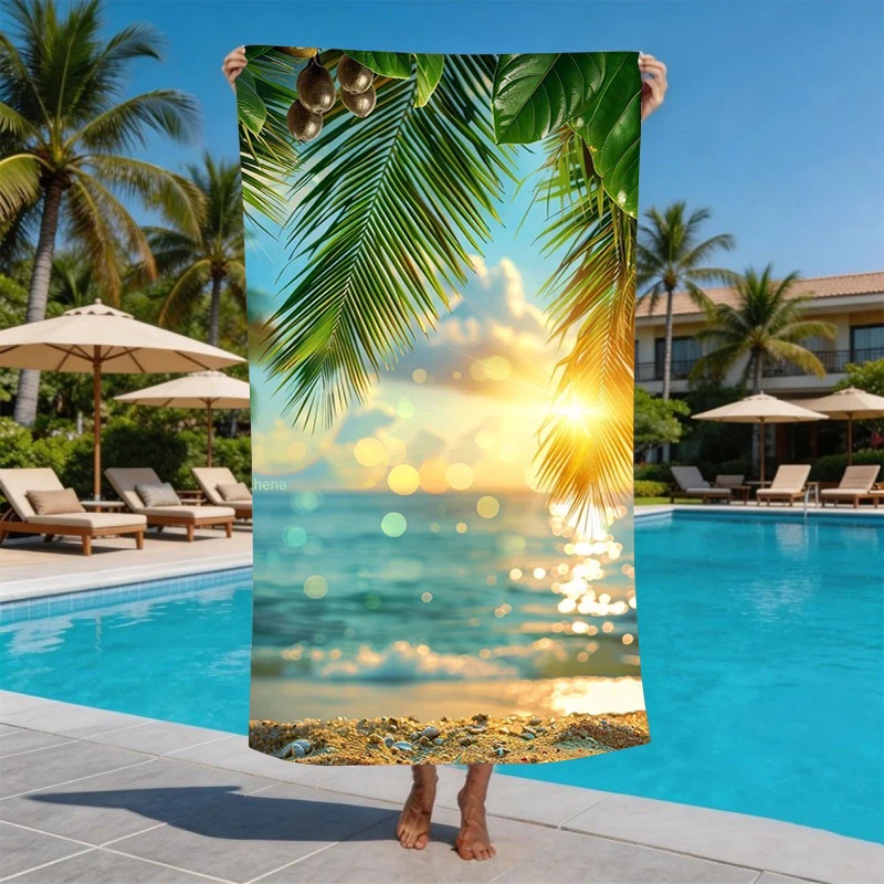 Golden sunset palm shell beach towel tropical dusk romantic wind speed dry towel