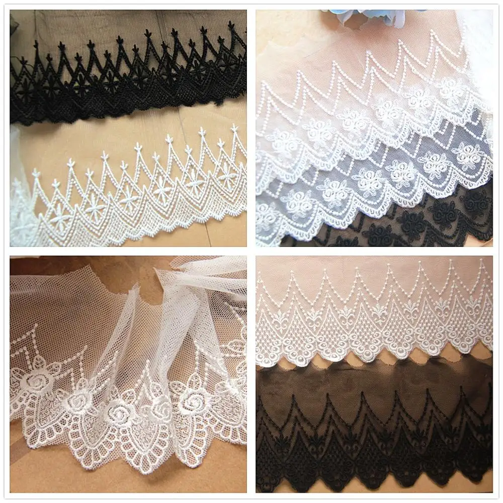 5 Yards Tulle Embroidered Lace 3D Flower Polyester Lace Embroidery Appliqued Sewing Trims White and Black