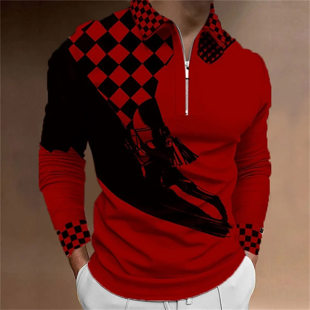 Men\'s Polo Shirt Golf Shirt Plaid Prints 3D Print Street Long Sleeve Zipper Clothing Apparel Sports Fashion Streetwear Designer