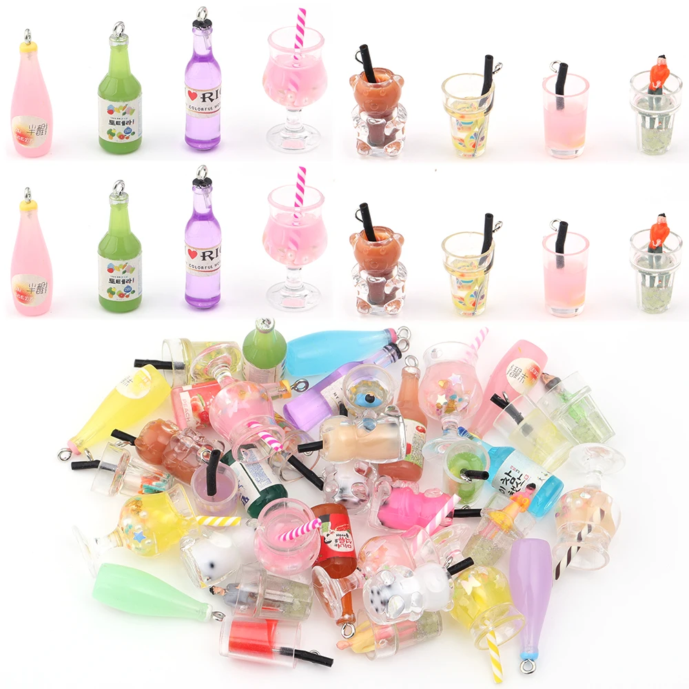 10pcs/lot Acrylic Fruit Beverage Cup Cocktail Beverage Bottle Mix Diy Keychain Phone Earphone Camera Chain Pendant Accessories