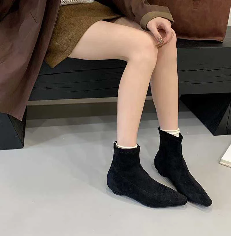 Brown Shoes Women Ankle Boots Fall Pionted Toe Back Zipper Low Heel Shoes Comfort Black Boots Ladies Block Heeled Boots