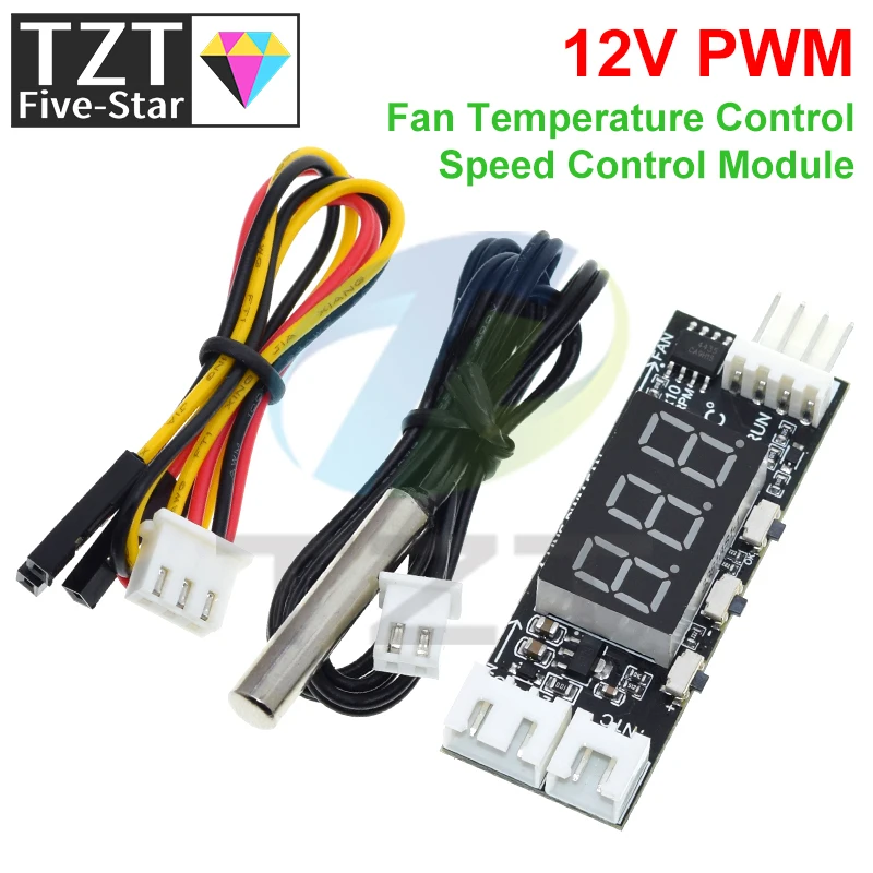 TZT DC12V 4-Wire Min Temperature Controller Speed Governor Fan Speed Motor Controller Digital Display Module Power Supply