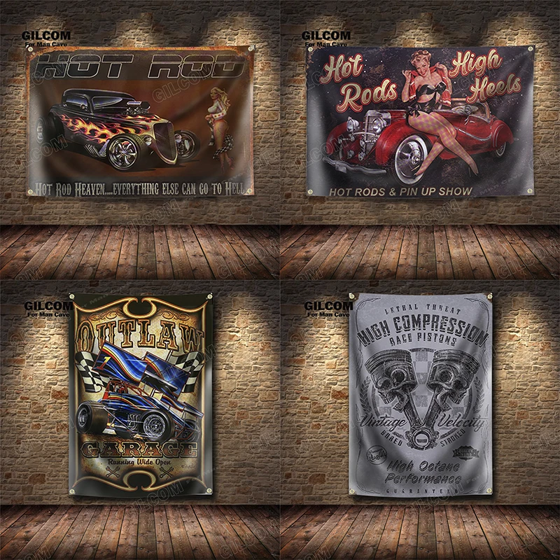 Garage Retro Banner Flag Hot Rod Decoration High Heels Poster Wall Art  AD Vintage Sign Motor Car Man Cave  Pub Club Bar