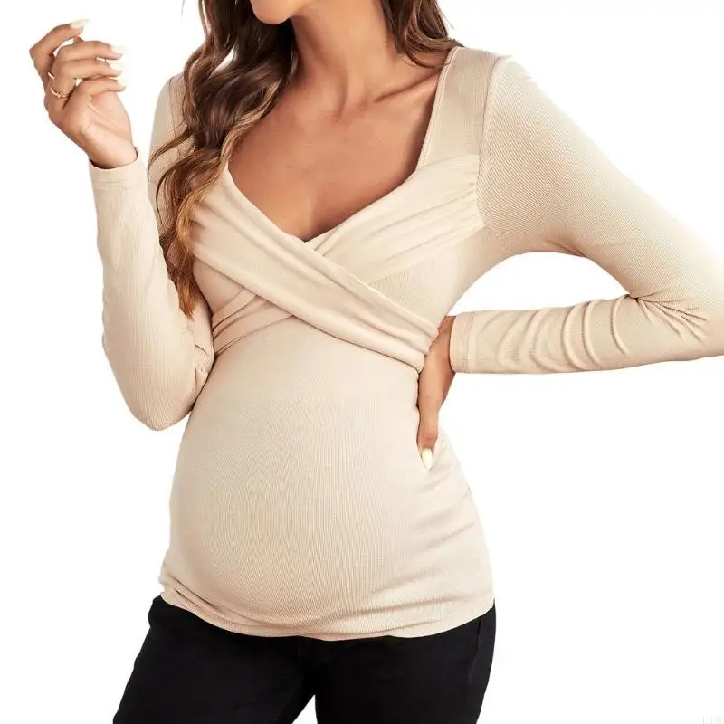 

L38E Maternity Nursing Top Crossing Over Wrap Design Long Sleeve Ribbed V Neck Shirt Soft Polyester Blend for Breastfeeding
