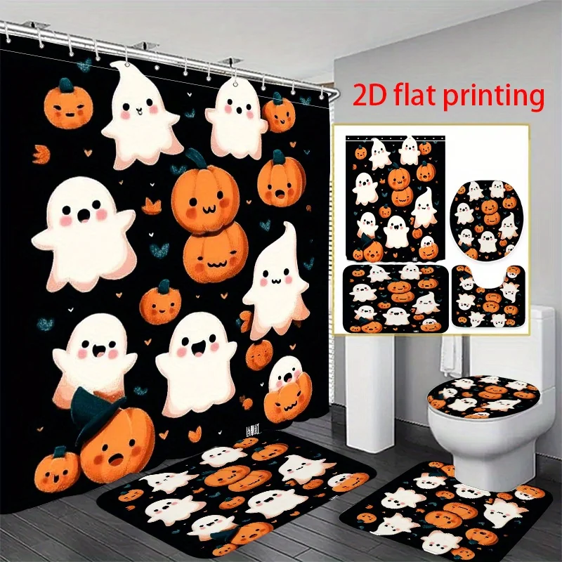 

4pcs 2D Flat Printing Shower Curtain Bathroom Set Cute Ghosts and Pumpkins on Black Background. It is a good gift for your