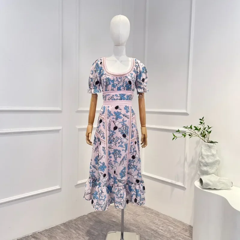 

Women's Vintage Pink Blue Floral Print Midi Dress Hollow Out Lace Short Sleeve Frill Sweet Clothing New 2024