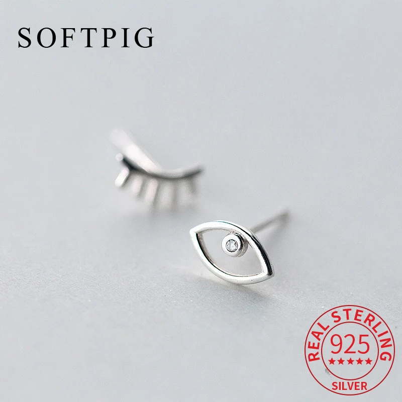 SOFTPIG Real 925 Sterling Silver Asymmetry Eye Eyelash Stud Earrings For Women Party Fine Jewelry Punk Bijoux Drop Shipping