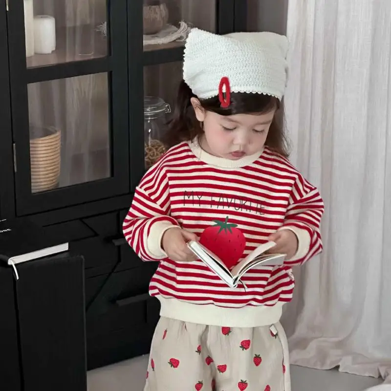 

2025 Autumn New Baby Long Sleeve Striped Sweatshirt Infant Cotton Pullover Cartoon Letter Tops For Kids Girls Casual Sweatshirts