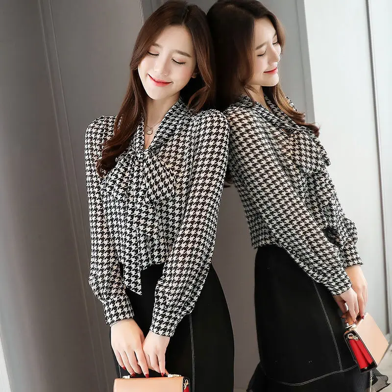 Vintage Houndstooth Printed Bow Women\'s Shirt Elegant Office Lady V-Neck Pullovers Fashion Commute Loose Oversize Blouses Female