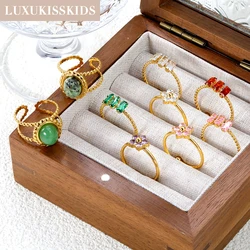 LUXUKISSKIDS Y2K Accessories Square Cubic Zirconia Stone Ring for Woman Stainless Steel Elegant Flower Crystal Cuff Finger Gifts