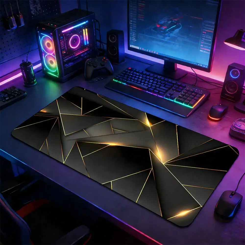 1pc Black & Gold Geometric Faceted Gaming Extra Large Mouse Pad, Luxury Minimalist Tech Style Large Desk Mat - Premium Atmosphere Extended Oversized Black &