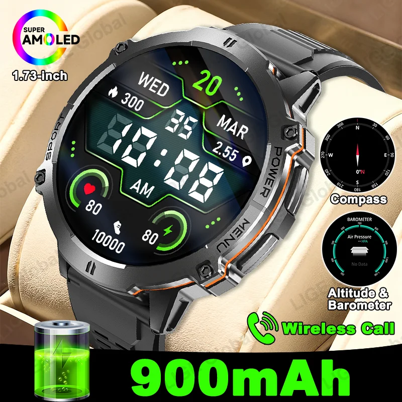 

LIGE Новые мужские умные часы с супер емкостью 900 мАч, 1,73 дюйма, AMOLED, компас для ответа на звонок, барометрический альтиметр, спортивные мужские часы