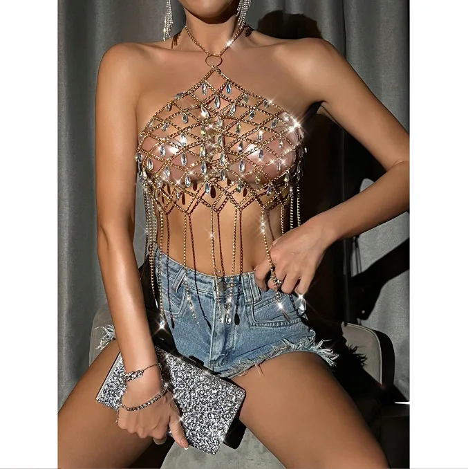 Hot Selling New Metal Chain Tassel Contrasting Gemstone Backless Navel Sexy Hanging Neck Top Vest Nightclub Sexy Top