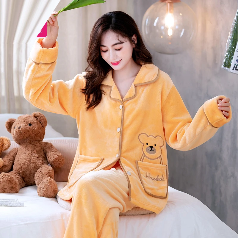 

Winter Warm Fleece Women Pajama Sets Flannel Long Sleeve Tops and Pants Female Sleepwear Lounge Wear Nightsuits Sleep Wear