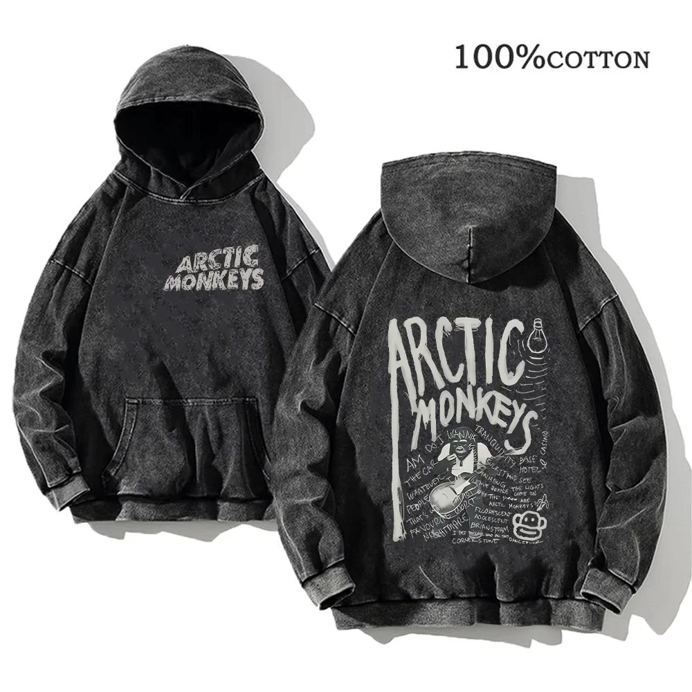 Retro Rock Printed Hoodies Arctic Monkeys Music Album Graphic Pullover Men\'s Vintage Washed Oversized Hoodies Hip Hop Streetwear